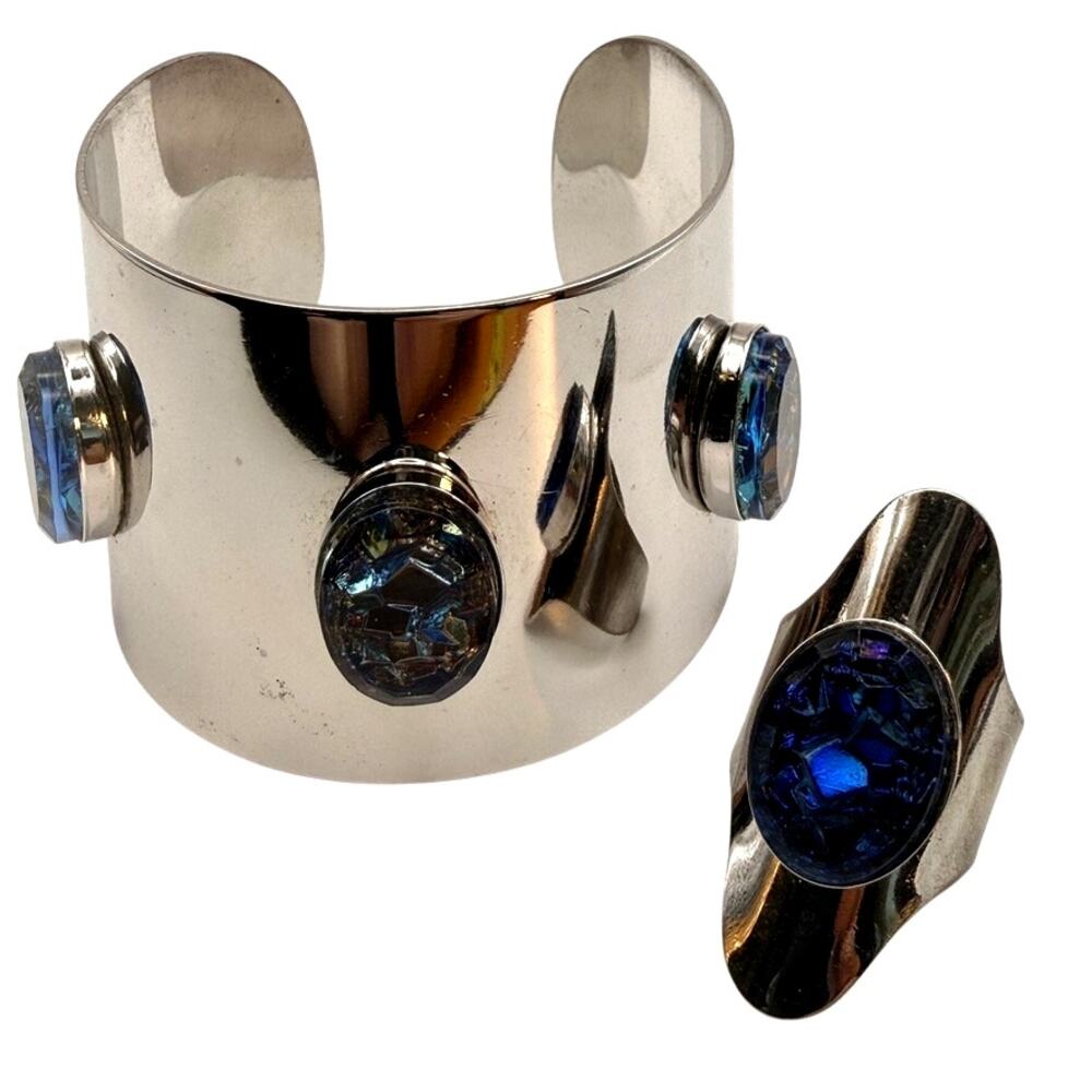 Vtg 1972 Sarah Coventry Cleopatra Cuff Ring Set Silver Blue Dichroic Glass